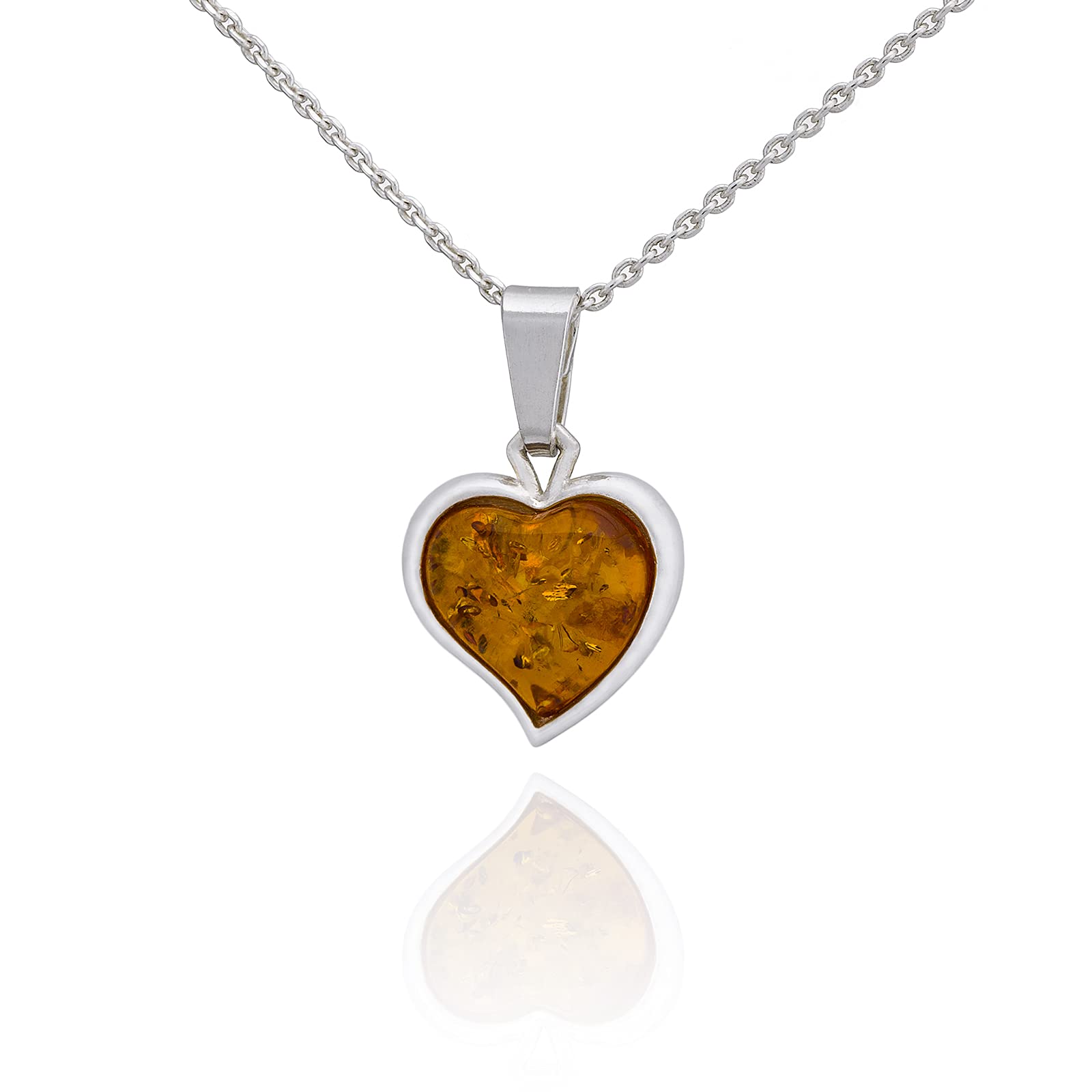 Damen Halskette mit Bernstein, Poliertes Sterling Silber, Baltischer Bernstein in Cognac Farbe, Silber Anhänger Bernstein Herz Größe S mit Kette