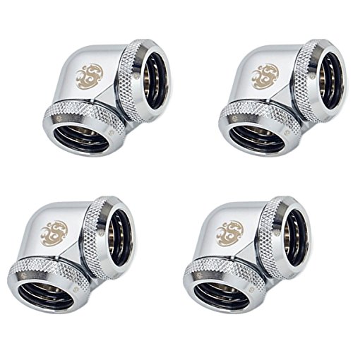 Bitspower Dual Enhance Multi-Link Adapter Fitting for 16mm OD Rigid Tubing, 90Â° Angle, Silver Shining, 4-Pack