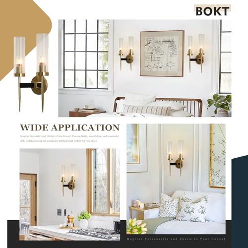 Image of BOKT Mid-Century Modern Indoor Crystal Wall Sconce Brushed Brass Gold 2-Lights Wall Sconce Lighting Clear Cylinder Glass Round Wall Sconce Long Bedroom Bedside Wall Light Lamp