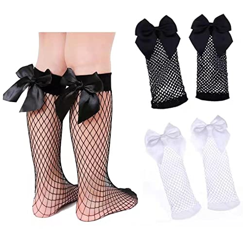 2 Pair Little Girls Fishnet Socks, Cute Sweet Mesh Lace Knee High Socks with Bowknot Decor Elastic Hollow Out Mesh Net Tight Stockings for Little Girls in White & Black2
