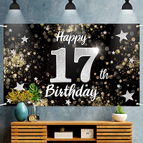 Nelbiirth Happy 17th Birthday Decorations,17th Black & Silver Dream Star Large Birthday Banner Backdrop Sign - Cheers to Seventeen Years Old Bday Party Decoration. by Nelbiirth - Used condition - Image 3