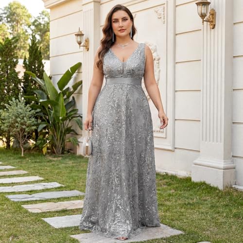 Image of Plus Size Formal Dresses for Women with Embroidery Sequin and V-Neck, A-Line Maxi Dress for Wedding and Cocktail