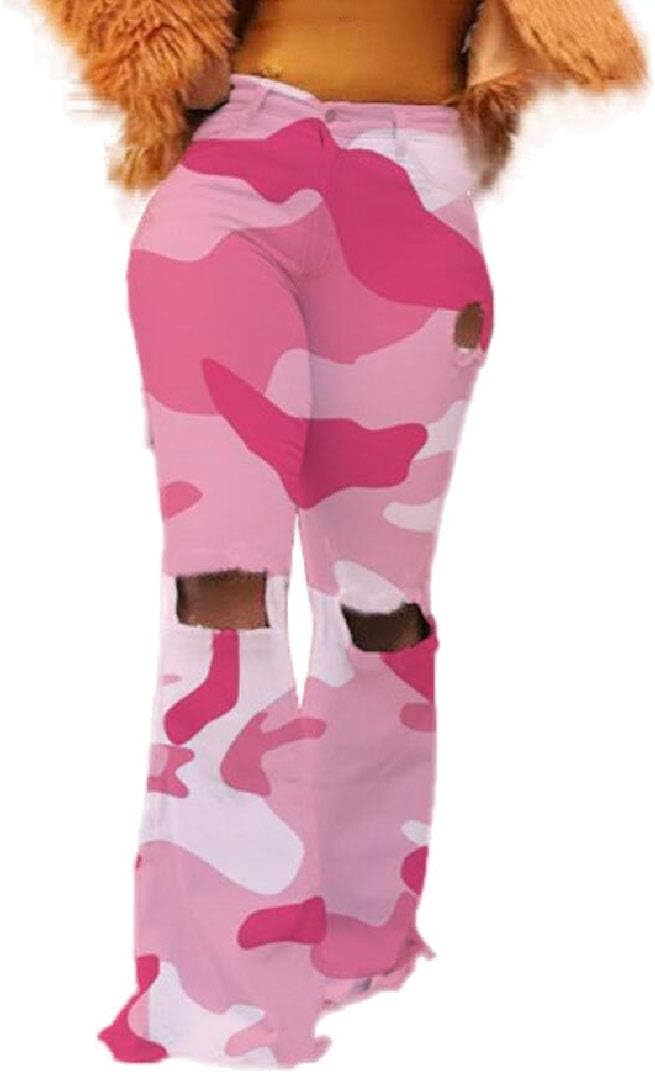 Women's Casual High Waisted Destoryed Distressed Bell Bottom Flare Pants Camo Wide Leg Pants