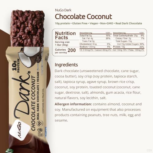 Image of NuGo Dark, Pretzel & Coconut, 12g Vegan Protein Bar, Gluten Free, 24 Count