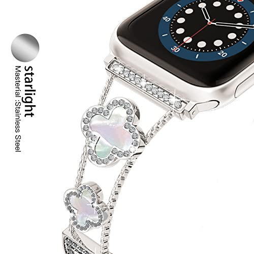 Image of Musk-MSKR Diamond Metal Bands Add Sparkle to Your Watch For Apple Watch Series 11 /10 /9 /8 /7 /6 /5 /4 /3 /2 /SE /Ultra Clover Simple and Stylish Compatible with 38mm40mm41mm42mm44mm45mm 46mm49mm Women's Wear