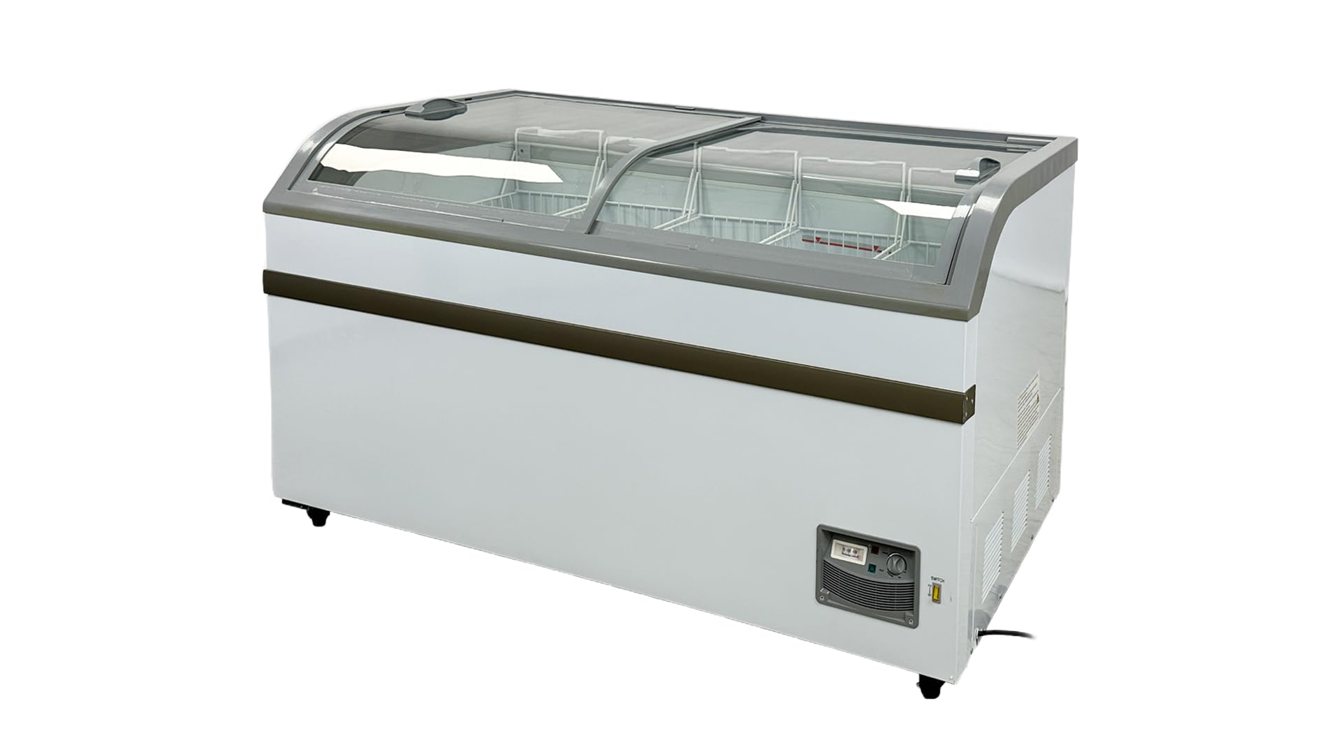Commercial Chest Freezer, Glass Sliding Door, ETL Curve Display Top w/Storage Baskets, 58" W 18 cu. ft. for Supermarket Showcase, White | Fridge.com