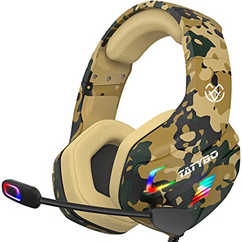 Tatybo Casque Gaming PS4, Casque Gamer Xbox One avec Microphone Réglable Anti Bruit, Casque Gaming avec RGB LED Lampe Stéréo Basse pour PC PS5 PS4 Xbox One Switch