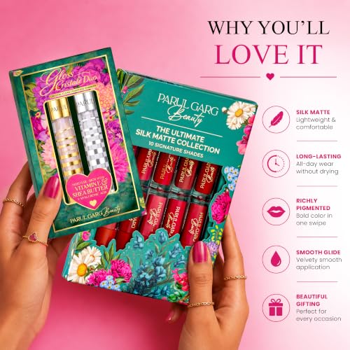Image of Parul Garg Beauty Ultimate 10 Mini Silk Matte Liquid Lipsticks with Crystal Gloss Duo | Long-Lasting, Highly Pigmented & Lightweight | Matte & Gloss Lip Combo Pack