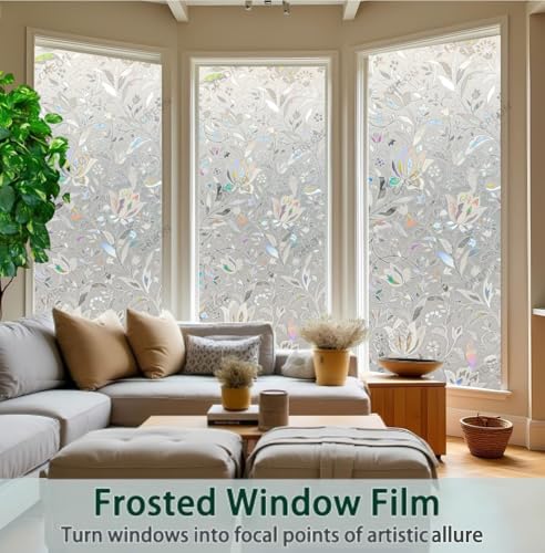 Image of CREON Frosted Privacy Window (24 X 82 Inch) Film with Tulip Flower Pattren & Stained Glass Design, Adhesive-Free for Home, Bathroom & Office