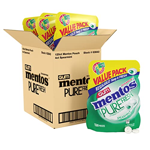 Image of Mentos Pure Fresh Sugar-Free Chewing Gum with Xylitol, Spearmint, 120 Piece Resealable Bag (Bulk Pack of 4)