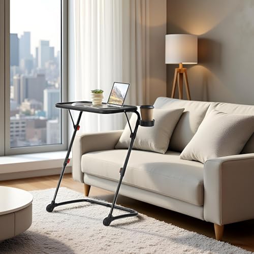 FurnitureR Folding TV Tray Z-Shaped with Cup Holder, Foldable Snack Dinner Side Table with 4 Height & 3 Tilt Angle, Adjustable Portable Space-Saving for Bed, Sofa, Couch, Metal Frame, Set of 1, Black - Thumbnail 2