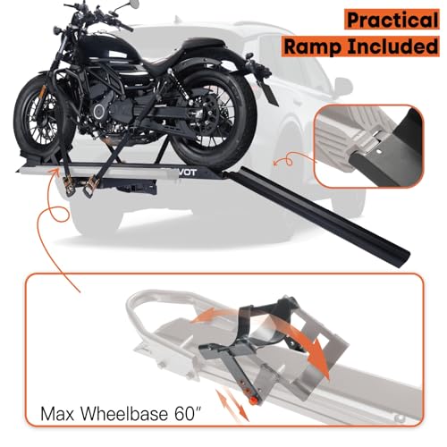 Image of CRAVOT Motorack M1 Motorcycle Hitch Carrier with Ramp, 350lbs Capacity | Dirt Bike Carrier, Foldable Hauler Hitch Mount Rack Anti-Rattle Up to 4-inch Fat Tire 2 inch Receiver