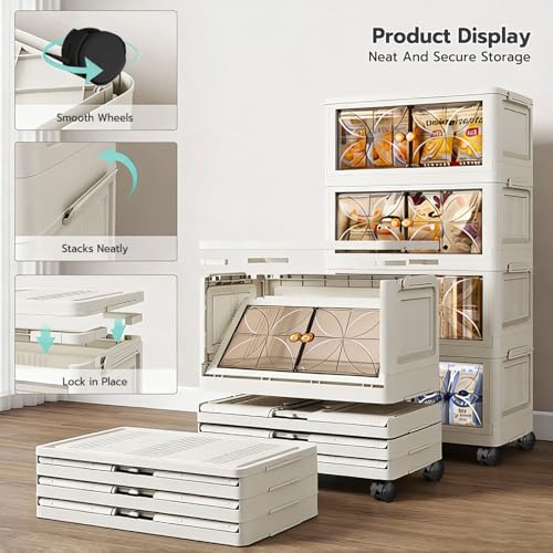 Image of uliance 5 Tiers Foldable Plastic Wardrobe Organizer for Storage, Plastic Wardrobe Drawer Cabinet, Stackable Storage Cabinet with Wheels, Baby Cupboard for Clothes Storage, Cream Cloth Organizer