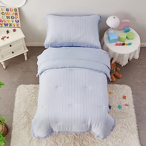 Image of VIVILINEN 4 Piece Toddler Bedding Sets for Girls Blue Tassel Fringe Toddler Bed Sets Comforter Set Jacquard Stripe Baby Crib Bed Sheets Set (Blue, Toddler - 4 Piece Set)