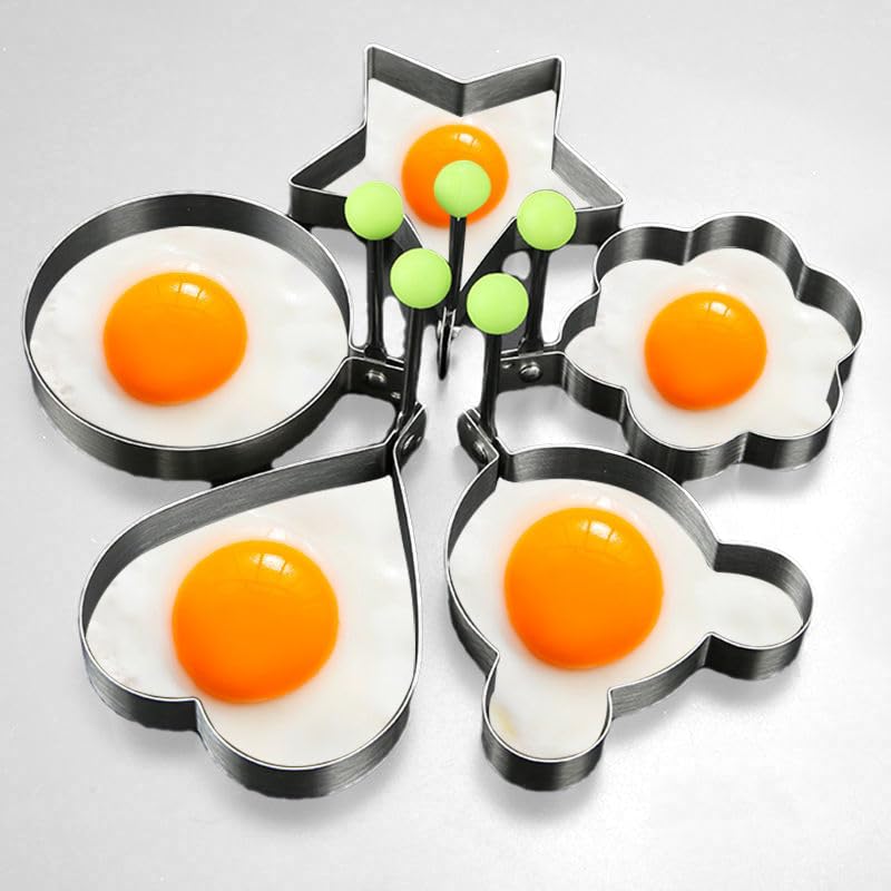 Egg Pancake Rings,5pcs Fried Egg Molds in Star, Round, Heart Different Shaped,Stainless Steel Omelette Frying Cooking Tools Kitchen Accessories Gadget Rings,with a Silicone Pastry Brush,Set of 5