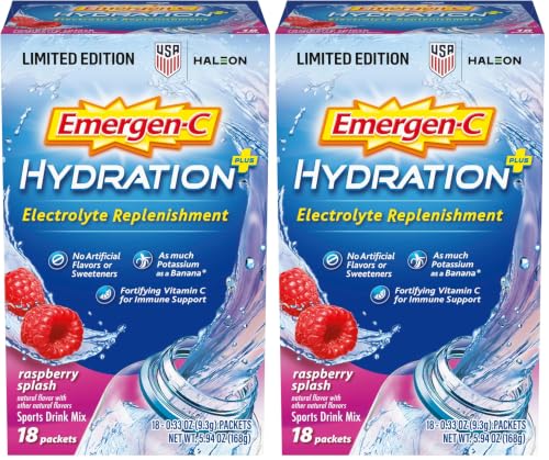 Image of Emergen-C Hydration+ Sports Electrolyte Replacement Sports Drink Mix Powder with Vitamin C, Raspberry Splash Flavor, Back to School Essentials - 18-0.33 oz On The Go Packets (Pack of 36)