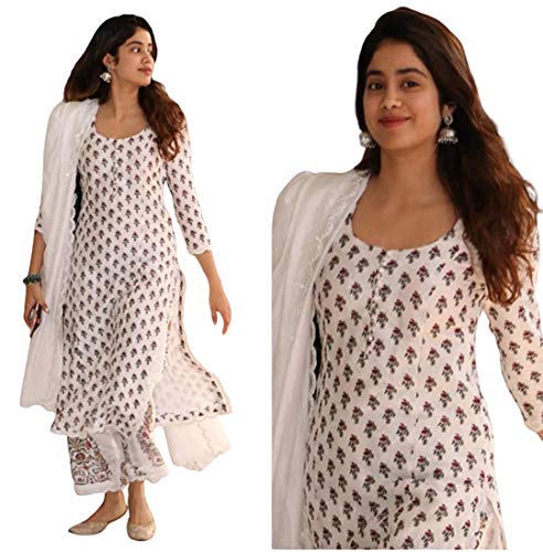 Image of GoSriKi Women's Pure Cotton Straight Printed Kurta, Palazzos & Dupatta (JANHVI-WHITE-02 GO)