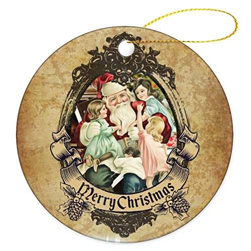 Christmas Ornament Retro Christmas Theme Xmas Tree Hanging Keepsake, Round Double Sided Porcelain/Ceramic Vintage Ornament, Gift For Friends/Family, 3 Inches, Made In The Usa #TOP19