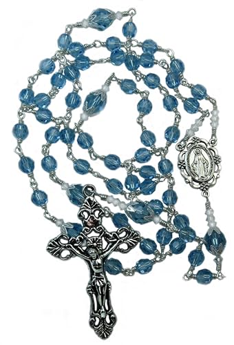 DivinejewelsbyBarb Handmade Unbreakable Catholic Rosary Aquamarine Austrian Crystal March Birthstone Gift