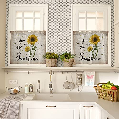 Sunflower Window Curtain Set With Tiers And Valance, 3 Pieces Rod Pocket Valances Retro Newspaper Sunflower And Bee Country Window Treatment Semi Sheer Kitchen Bedroom Farmhouse Decor (52" W X 18" L) #TOP3