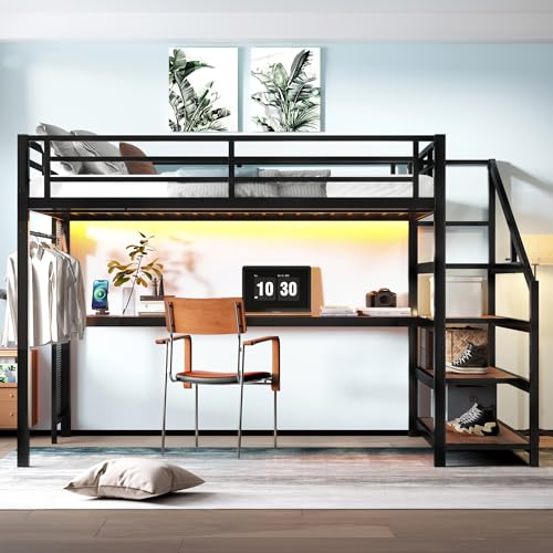 Bellemave Queen Loft Bed with Desk Storage LED