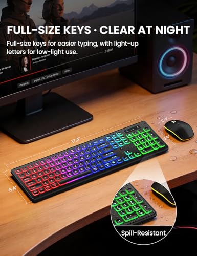 Image of Wireless Keyboard and Mouse Combo - RGB Backlit, Rechargeable & Light Up Letters, Full-Size, Ergonomic Tilt Angle, Sleep Mode, 2.4GHz Quiet Keyboard Mouse for Mac, Windows, Laptop, PC