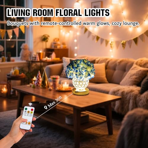 Image of 3 Color Artificial Blue Hydrangea Flower Lamp Night Light Desk Lamp for Bedroom Bar Coffee Shop Living Room Decor, Ideal Gifts for Women Mom Wife Friend Birthday Christmas Mothers Valentines Day