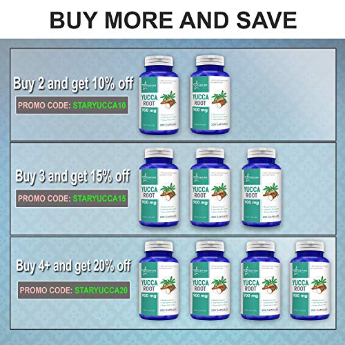 Starfire Supplements Yucca Root 900mg 200 Capsules - Made in The USA - from Yucca Extract Yucca Supplement