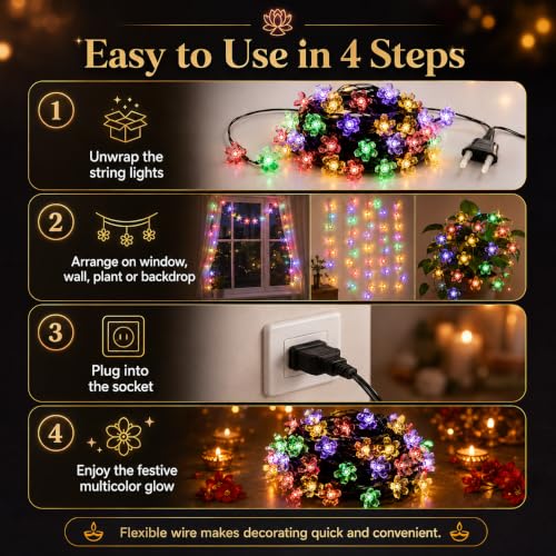 Image of One94Store 36 Feet Silicone Cherry Blossom Flower LED Fairy String Lights (36 LEDs) for Diwali Decoration, Home Decor, Window, Balcony, Pooja, Wedding, Christmas & Party, Multicolor | Made in India