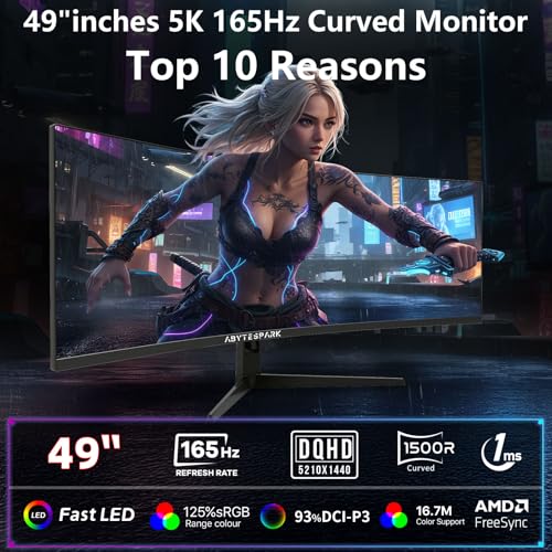Image of 49 Inch Curved Ultra Wide Gaming Monitor, 5K (5210x1440P), 144Hz /165Hz 1500R, 32:9 127% sRGB, FreeSync, Height Adjustable Screen Monitor, HDMI 2.1 And DP 1.4, Supports Wall Mounted Installation