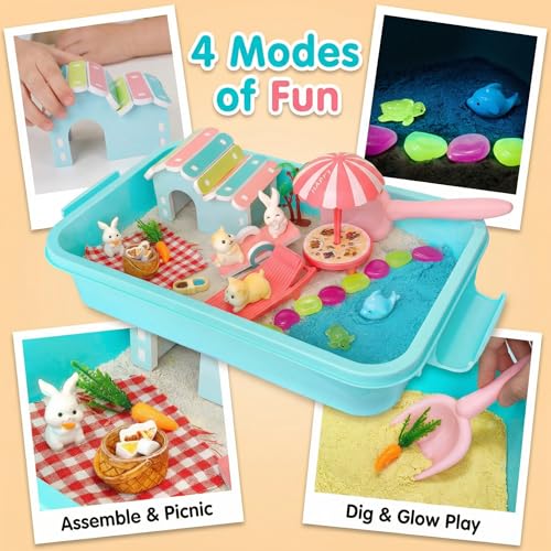 Image of Carolart Hamster Sensory Bin, Animal Play Set, Sand Box with Glow Stones | Rabbit and hamster pretend play sandbox, sensory sand activity, pet habitat toy, gift for kids ages 3-8
