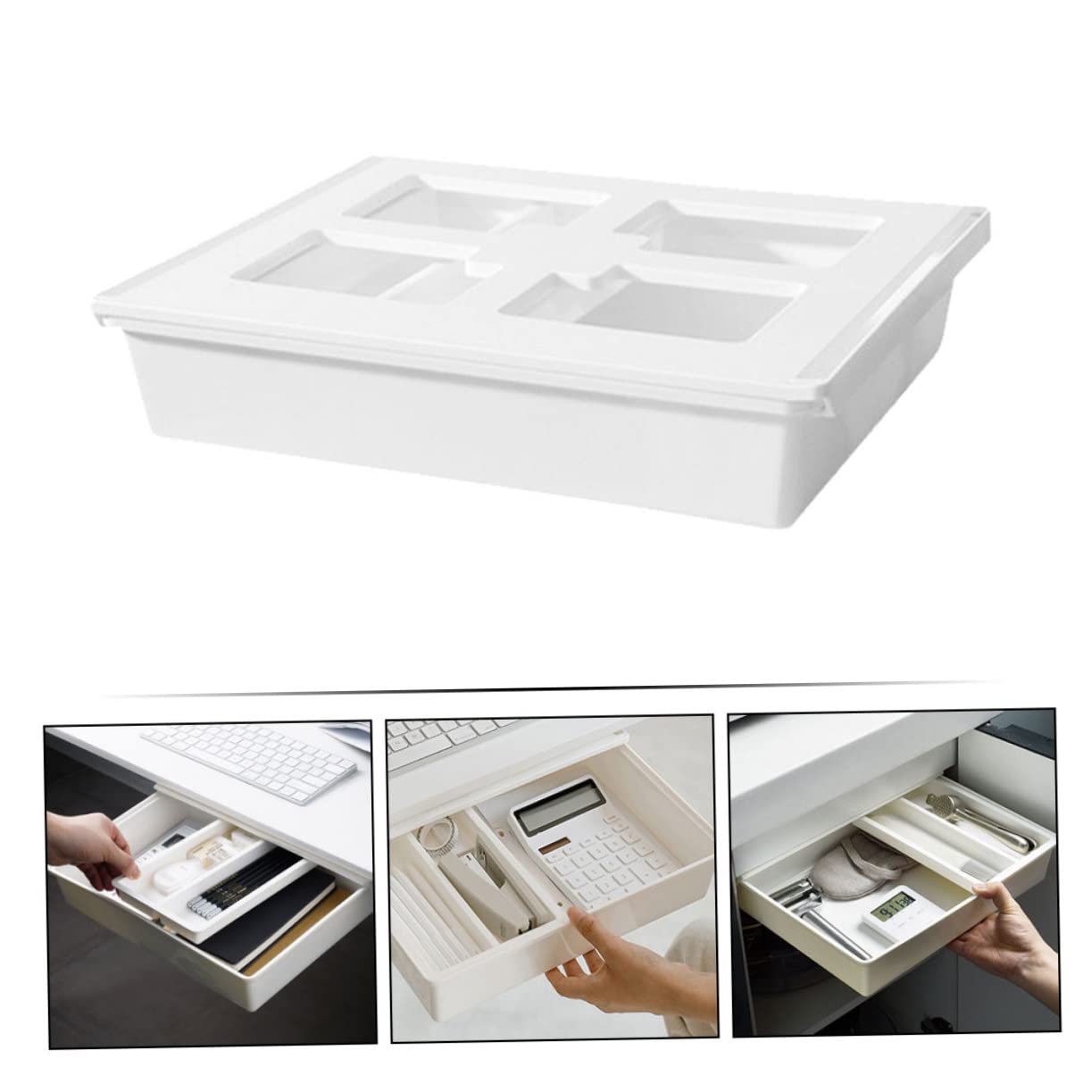 Organizer Nascosto per Cassetto Sotto Scrivania in Plastica Resistente Grande Capacità per Cancelleria e Accessori Ufficio Compatto e Facile da Installare Bianco
