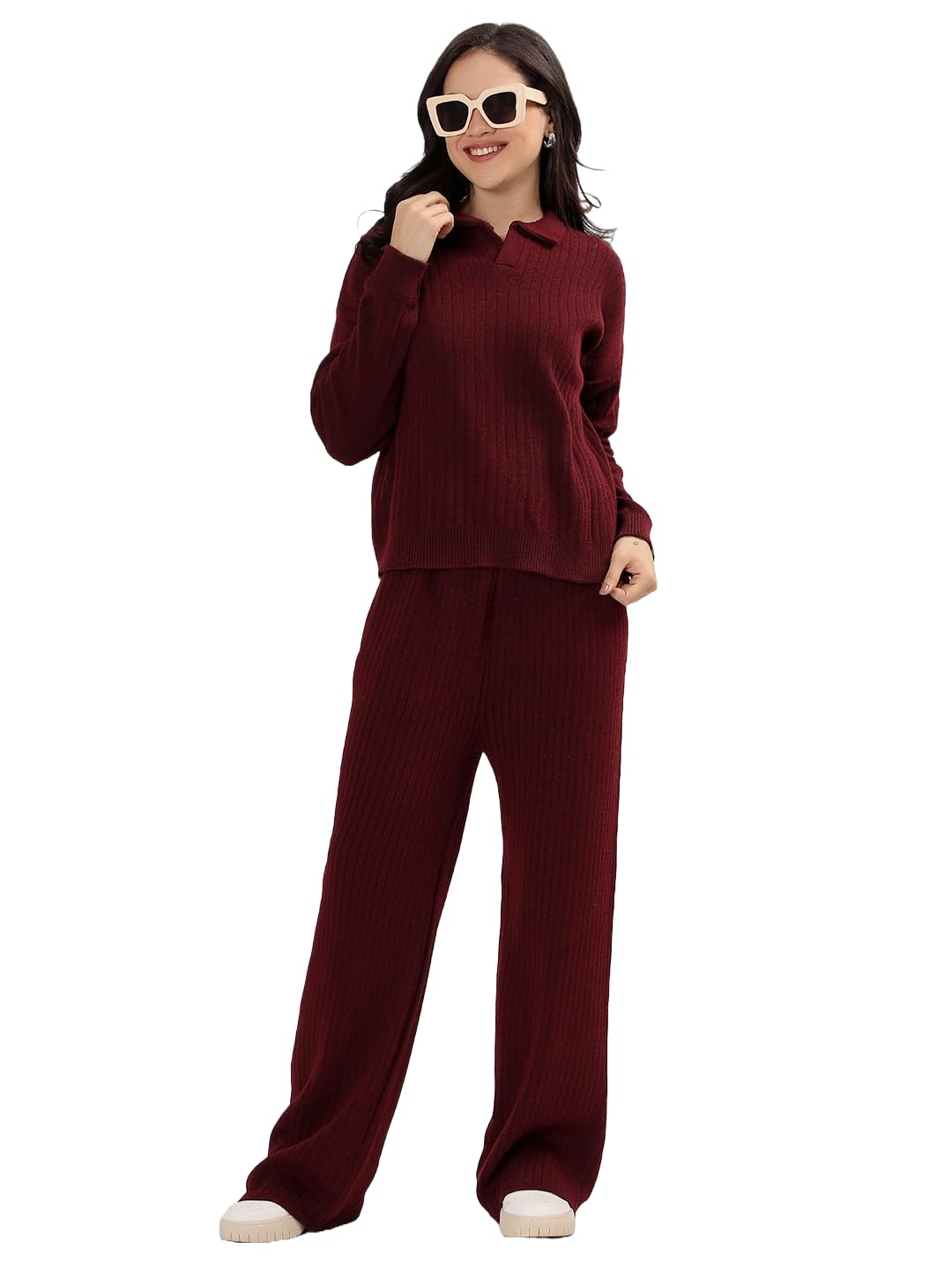 Kvetoo Winter Cord Set for Women Ribbed Knit Tracksuit Pajama Set Two Piece Travel Wear with Collar Polo Sweater Top and Wide Leg Pant