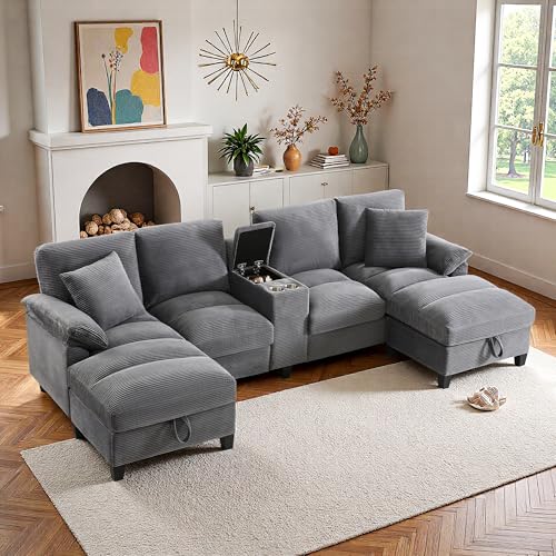 Wyibwy Sofá ergonómico modular en U de 4 plazas con 2 portavasos y 2 puertos USB, sofá esquinero en U, chaise longue doble con espacio de almacenamiento, sofá tapizado, terciopelo acanalado (Gris)