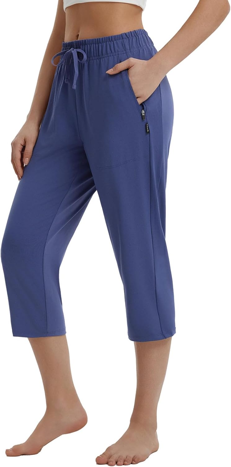 baleaf Womens Yoga Capri Pants with Zipper Pockets Summer Drawstring Capris Joggers Lounge Crop 19"
