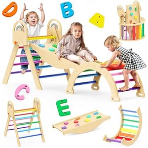 Pikler Triangle Set, 9-in-1 Foldable Wooden Climbing Toy for Toddler 18M-7Y, Montessori Climber Gifts, Indoor Jungle Gym with Arch&Ramp&Ladder for Kids to Learning Through Playing