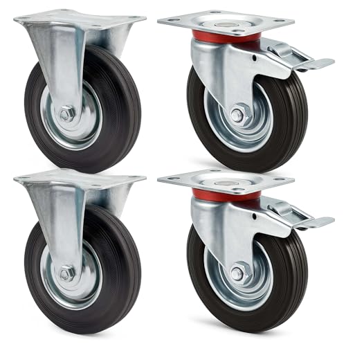 Wiltec Kit 4x Roulette – 2x Pivotantes double arrêt et 2x Fixes – Diamètre 100 mm – Capacité 70 kg/roue – Charge lourde, Caoutchouc plein Transport...