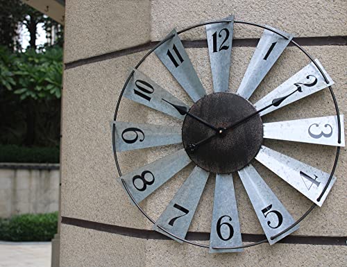 Qukueoy 24 Inch Metal Windmill Clock Large Farmhouse Clocks Outdoor Indoor Decor Wall Hanging,Galvanized Silver #TOP6