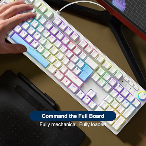 Image of FINGERS Macho-MK1 Wired Mechanical Gaming Keyboard, White + Blue | Full-Size with 104 Keys, Linear Switches, 17 RGB Modes, Multi-Function Knob, 26 Anti-Ghosting Keys