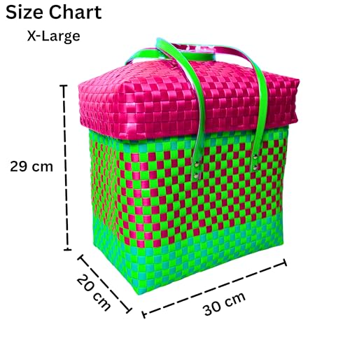 Image of Hand Made Multipurpose Plastic Basket with Lid | Eco-Friendly, Washable, Rust-Free Storage Basket for Kitchen, Picnic, Toys, Travel, Office | Lightweight basket (Green with Pink, XL)