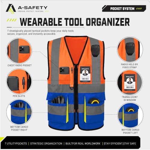 Image of A-SAFETY High Visibility Reflective Vest, Mic Tabs, Zipper, Orange /Blue, M