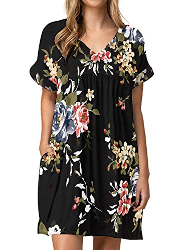 Image of Jayscreate Women's Baby Doll Dress Summer Casual Tunic Pleated Flowy Swing Short Sleeve Black V Neck Mini Dress