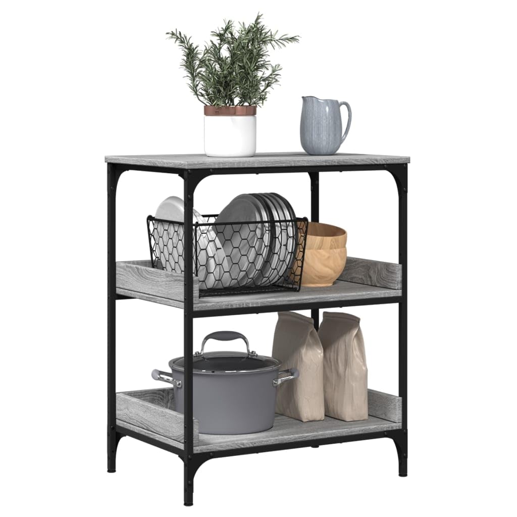 Carro de cocina gris Sonoma 60 x 41 x 80,5 cm de material de madera con marco de acero y 4 ruedas, 2 con bloqueo, carrito de servicio para almacenamiento adicional en la cocina y el salón,