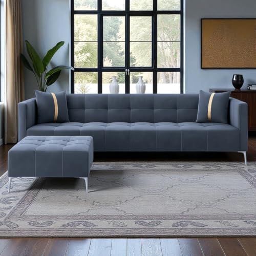 Image of FURNY Homeliving 5 Seater L Shape Sofa Set with Movable Ottoman | Flexible Left or Right Layout | Plush Velvet Fabric (Dark Grey) | Perfect for Living Room, Guest Room & Office