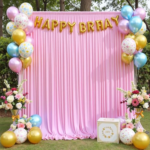 Image of 8 Panels 5ftx12ft Wrinkle Free Pink Backdrop Curtain for Parties, Silky Polyester Photo Backdrop Drapes 12 ft Long Back Drop Cloth for Wedding Birthday Photography Background Curtains