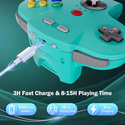 Image of 2 Pack N64 Wireless Controller for Switch Online Games, 2.4GHZ Rechargeable Wireless N64 Remote Joystick Game Controller for N64 System Console, MAC, Raspberry Pi, Windows PC(7,8,10,11) Turquoise