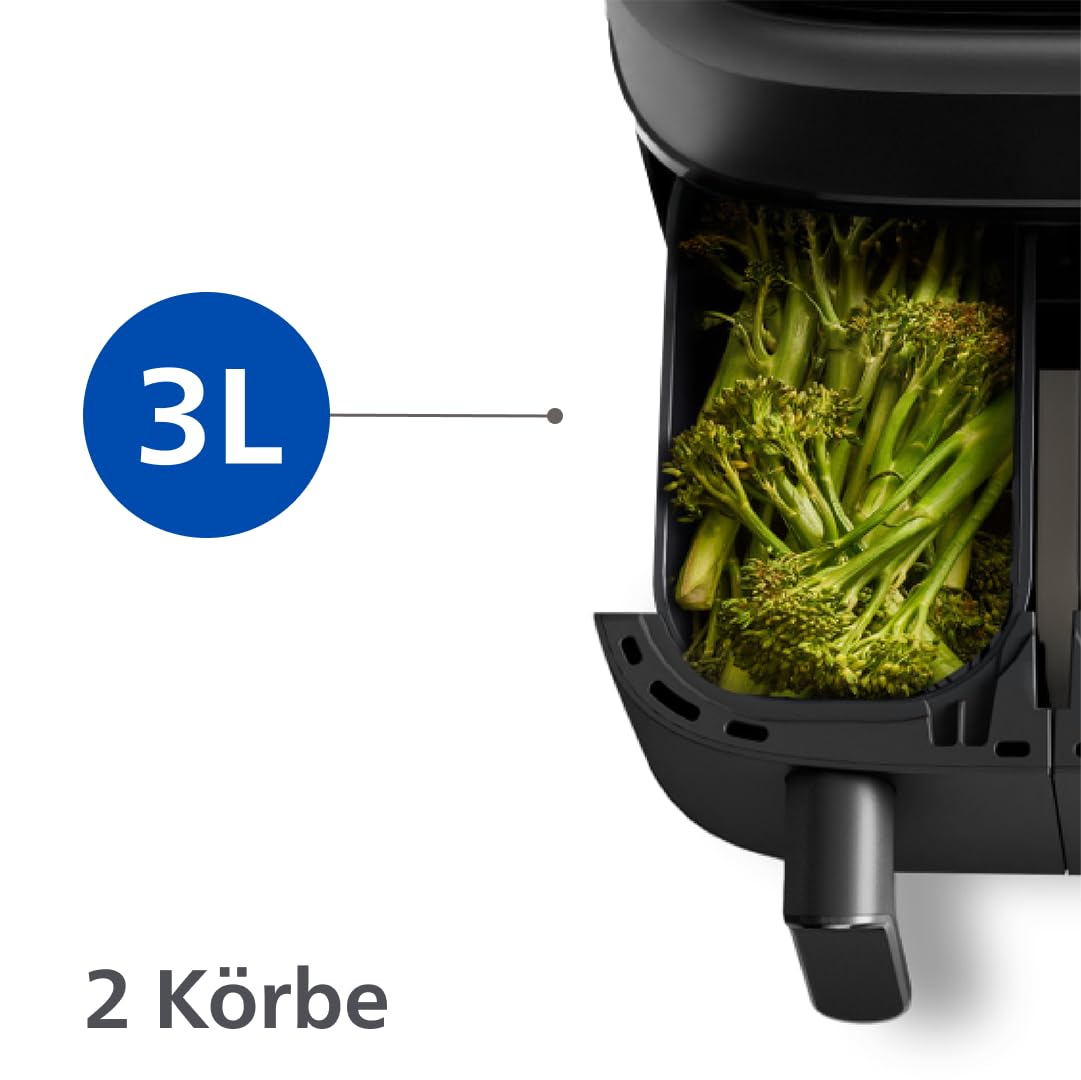 Philips Airfryer Dual Basket 3000 Serie Heißluftfritteuse, Schwarz, 9 L | 2 Körbe, RapidAir Plus Technologie, Touchscreen, 12 Kochfunktionen, HomeID App (NA350/00)
