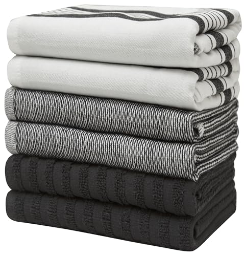 Image of Premium Kitchen Towels (20 inchx 28 inch, 6 Pack) | Large Cotton Dish Towels | Flat & Terry Highly Absorbent Kitchen Linen Set with Hanging Loop | Black Striped