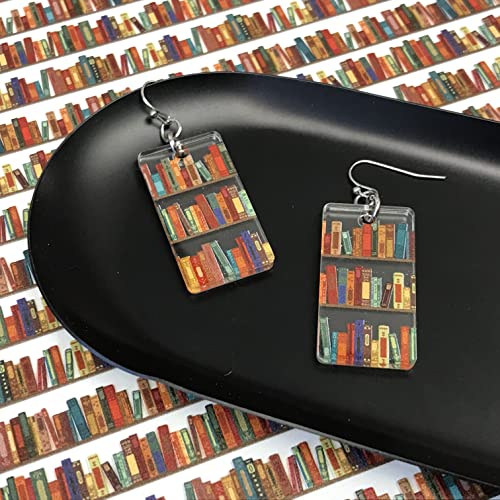 Bookcase Dangle Earrings with Book Shelves Patterned Acrylic Book Earrings for Women4