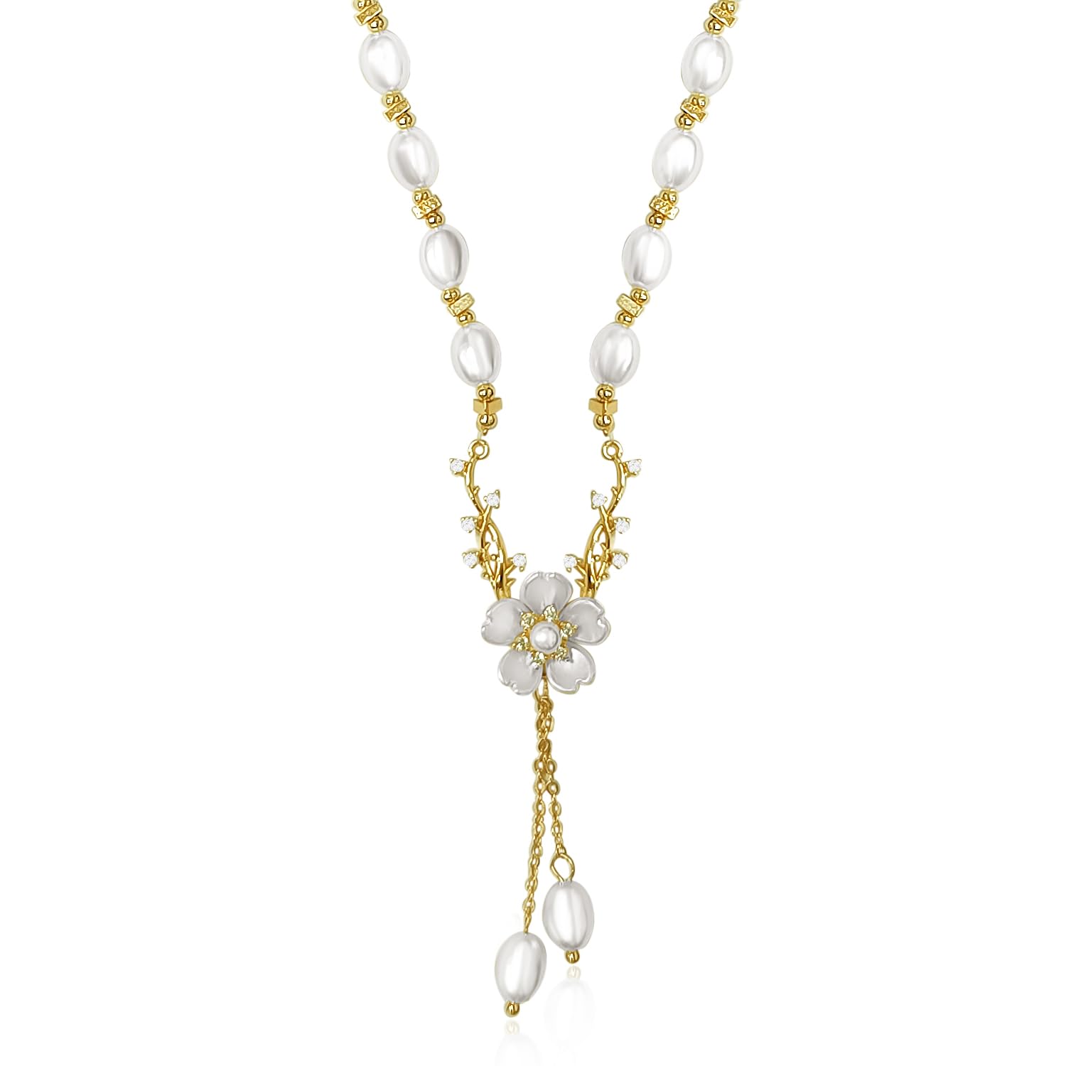 Gold Plated Pearl Studded Floral Design Necklace Fancy Western Jewellery for Women & Girls-image-14